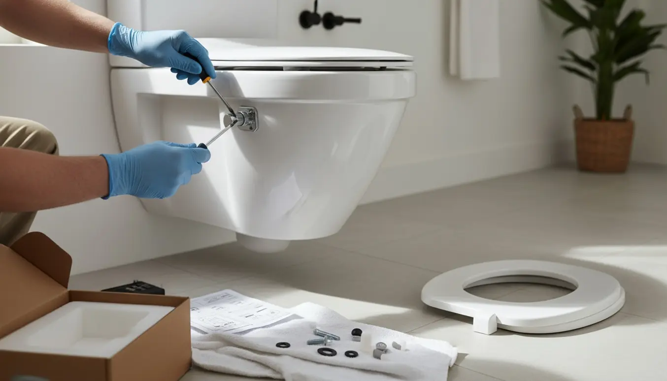 Nærbillede af hænder, der monterer et nyt toiletsæde på et væghængt toilet med skruetrækker og værktøj.