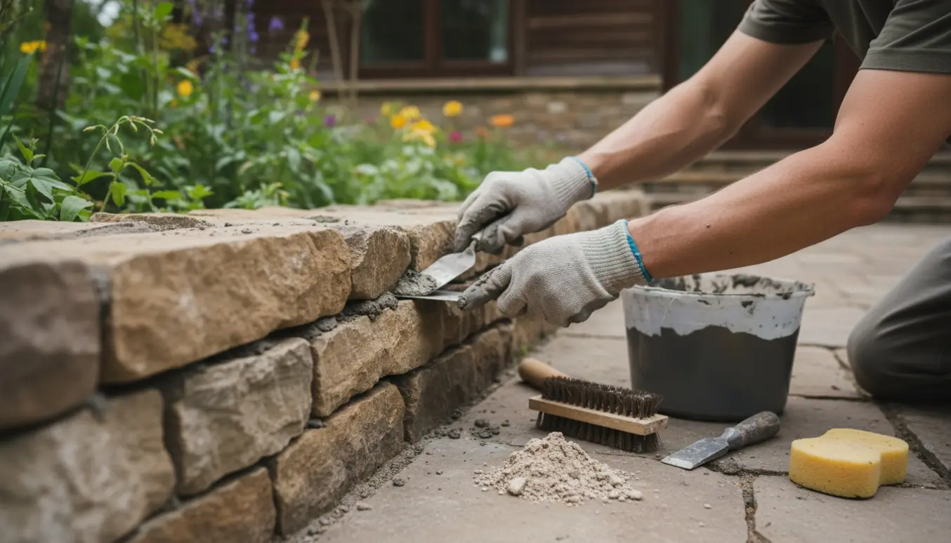Murerens hænder fylder frisk mørtel i fuger mellem udendørs sten på en terrasse.
