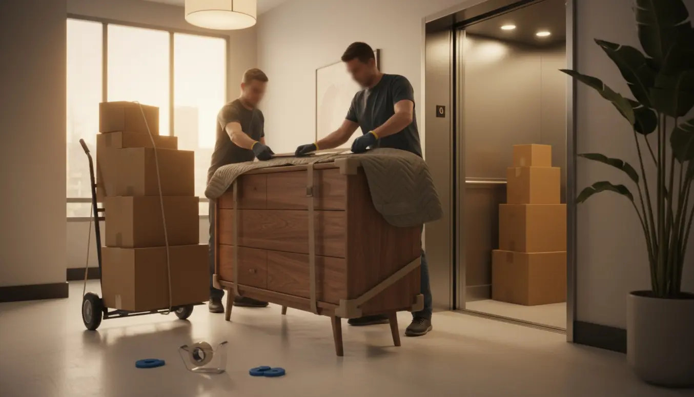 To flyttere læsser et træskab og flyttekasser ind i en elevator i en opgang.