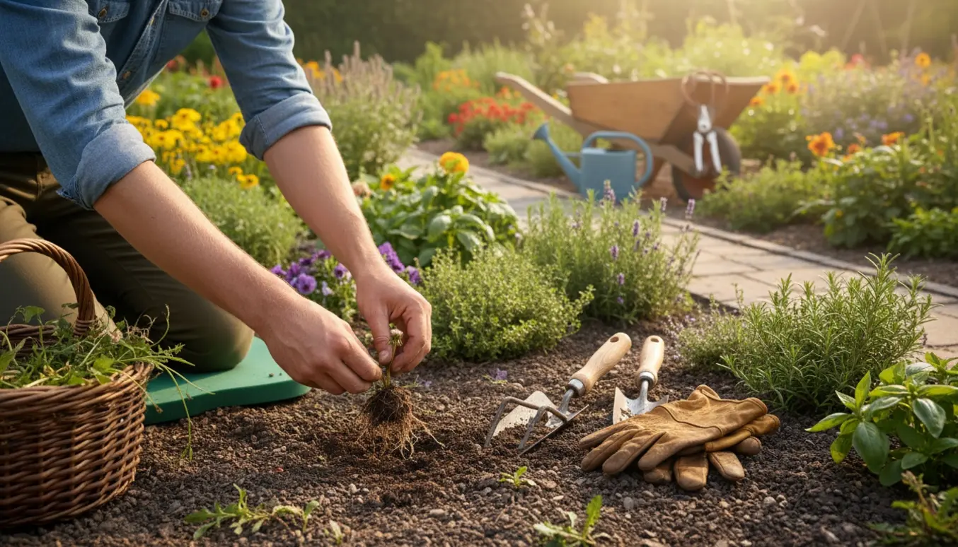 Hænder trækker ukrudt i en lille have med redskaber og en kurv med ukrudt.