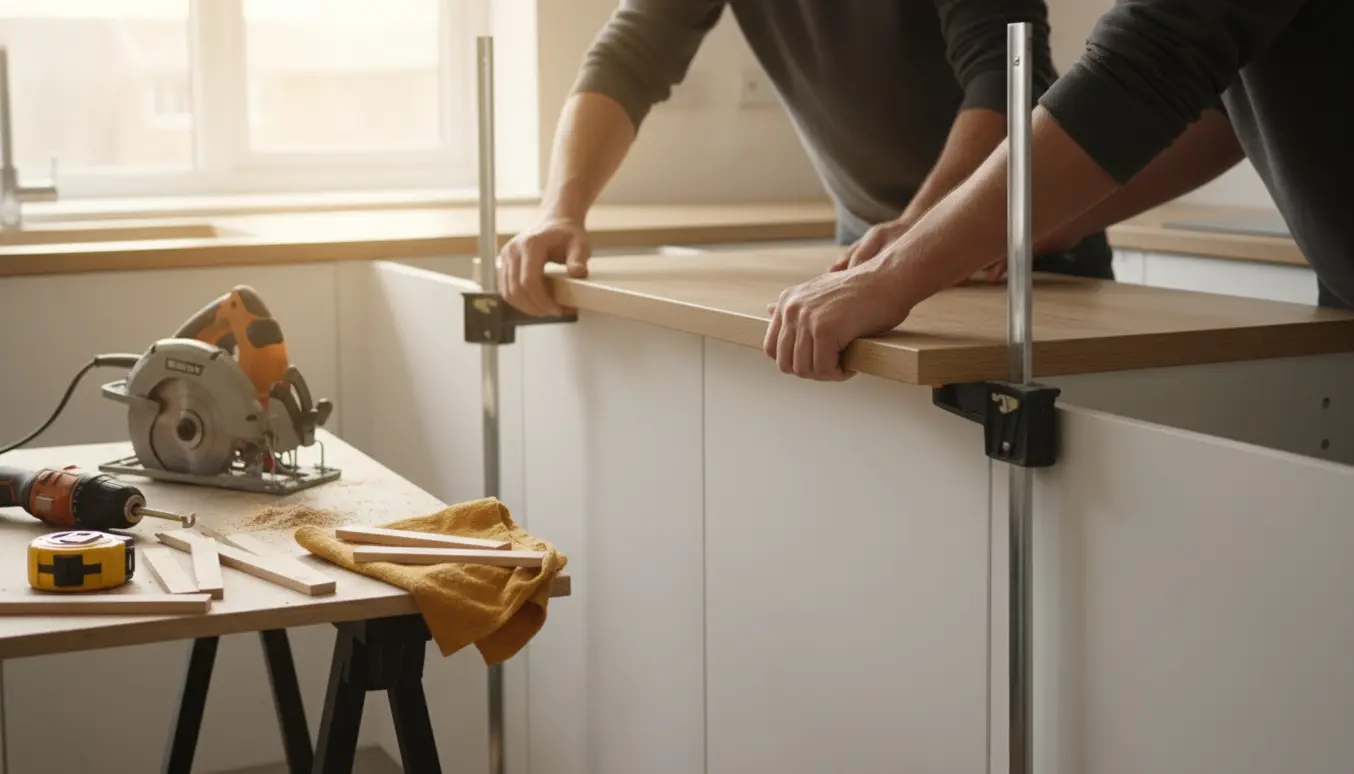 Hænder tilpasser og monterer en bordplade på samlede IKEA-lignende skabe i et lyst køkken med værktøj og savsmuld.