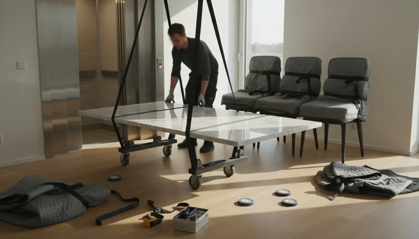 Flyttefolk manøvrerer en stor marmorbordplade og indpakkede stole i en moderne lejlighed ved elevatoren.