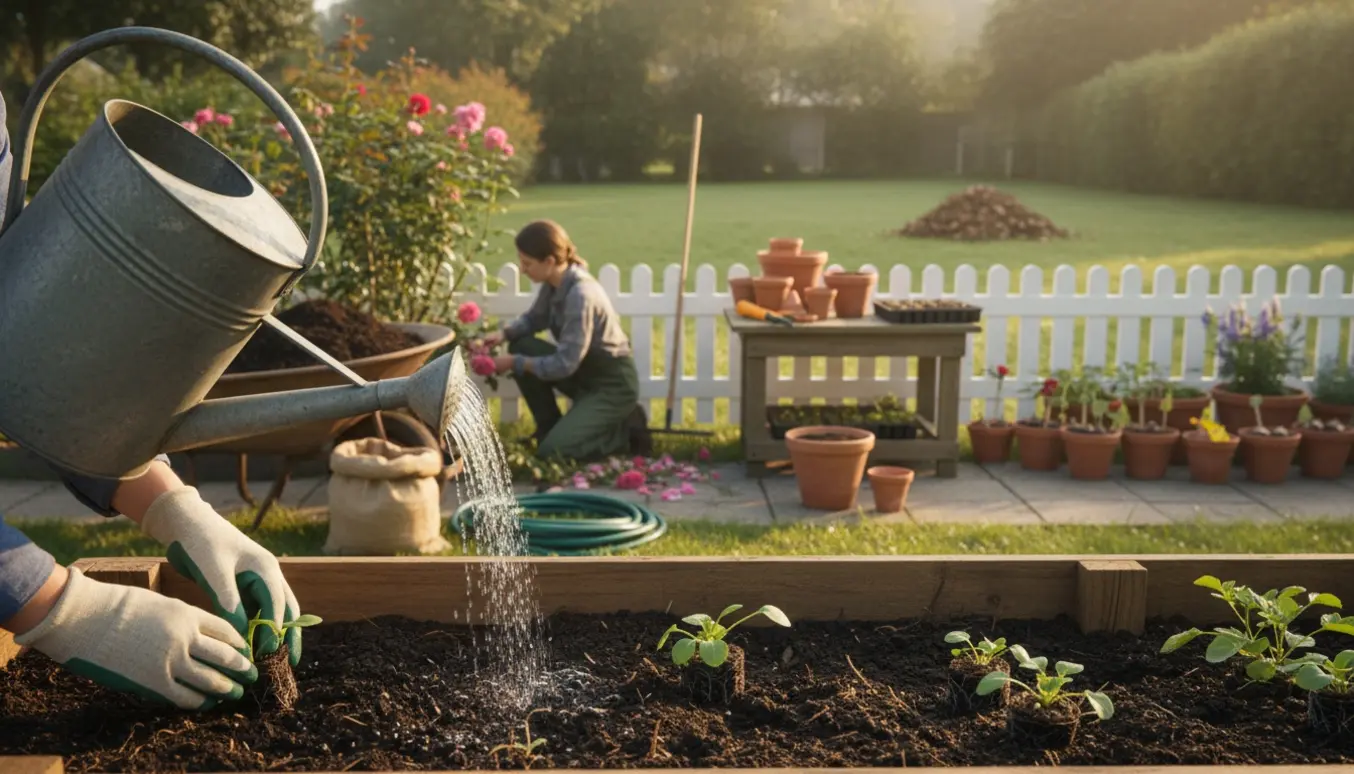 Solbeskinnet have med hænder, der planter kimplanter, vandkande og haveredskaber, der viser almindeligt havearbejde.