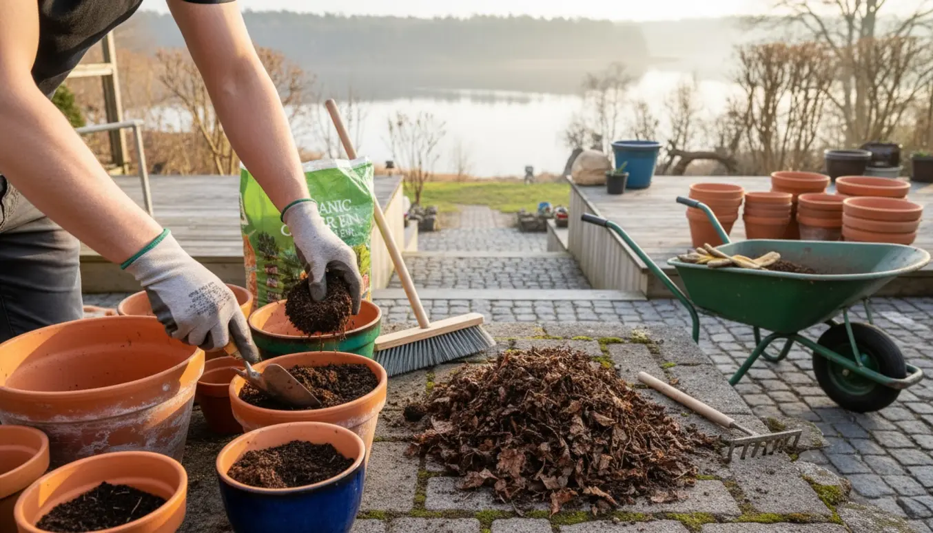 Handskerede hænder fylder krukker med ny jord i to gårdhaver med udsigt over Skanderborg Sø.