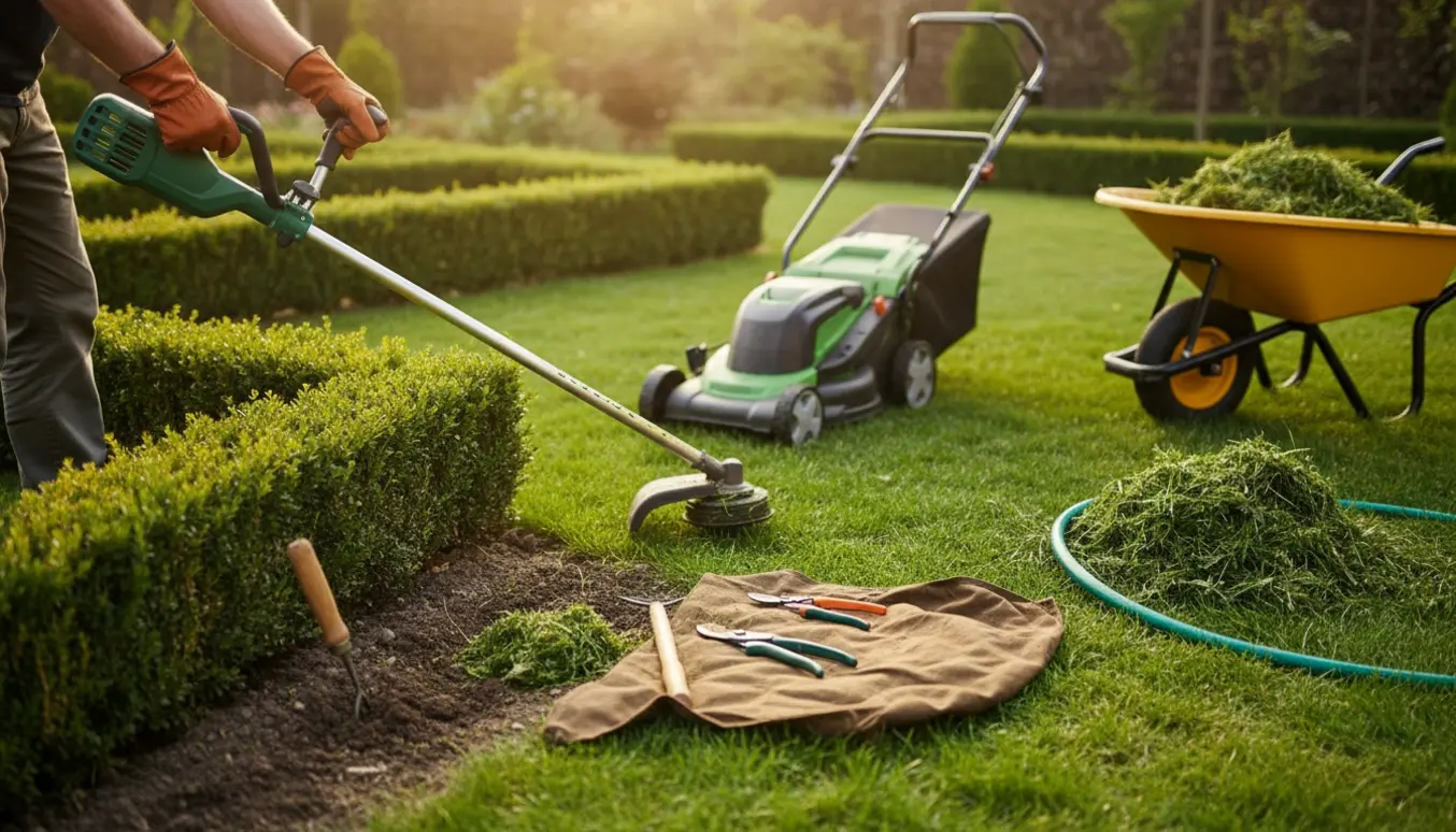 Person set fra skuldrene trimmer græskanten og trækker ukrudt ved en lille hæk i en solrig have.