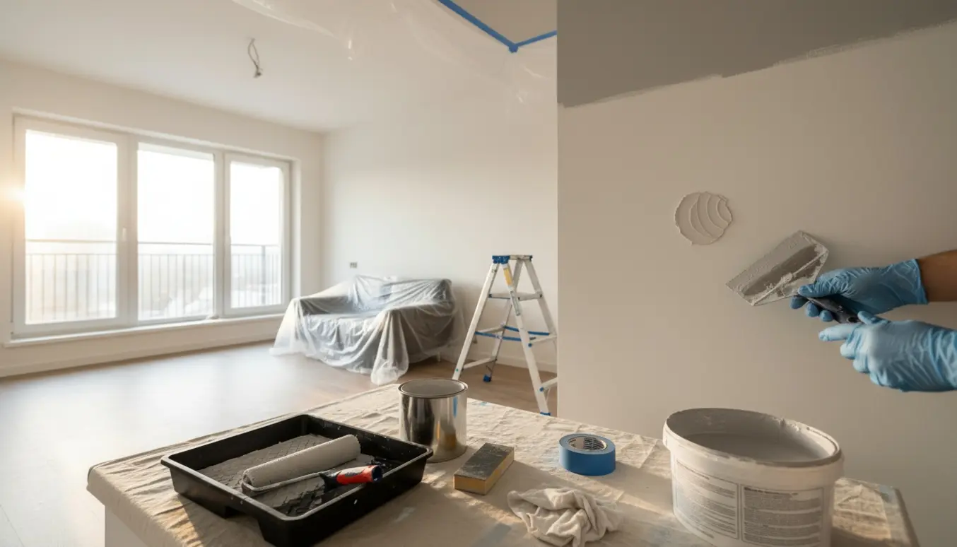 Værktøj og nypudsede vægflader i en tom, afdækket lejlighed klar til maling og spartling.