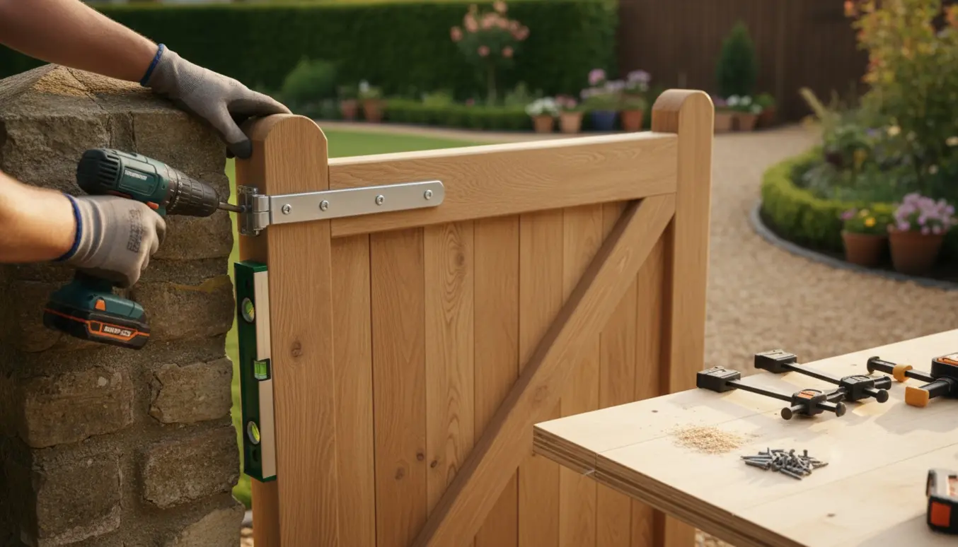 Nyt større havelågepanel monteres i en have med værktøj og hænder i forgrunden.