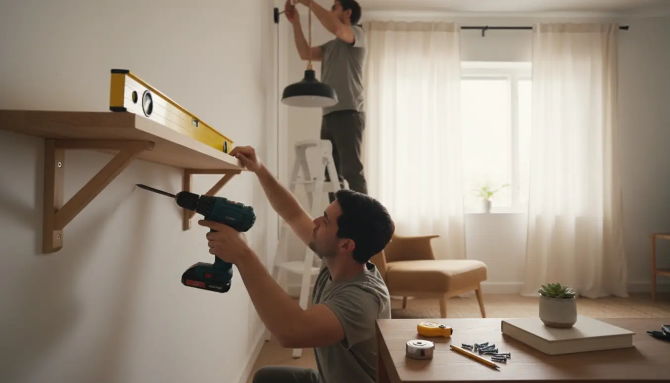 Hænder monterer hylde, gardinstang og lampe i et lyst, skandinavisk værelse.