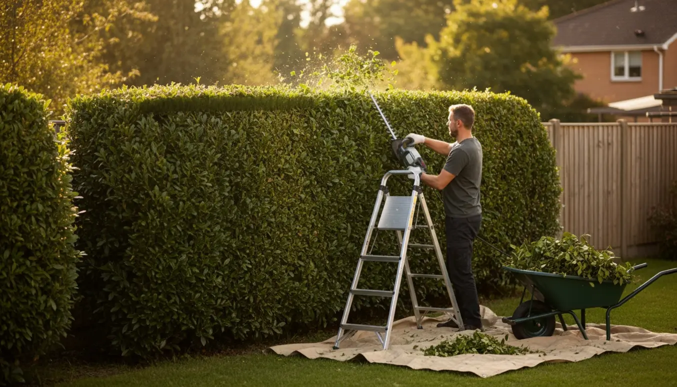 En person trimmer en hæk i haven, hvor toppen er klippet en halv til en meter ned, og afklippede grene ligger i en bunke.