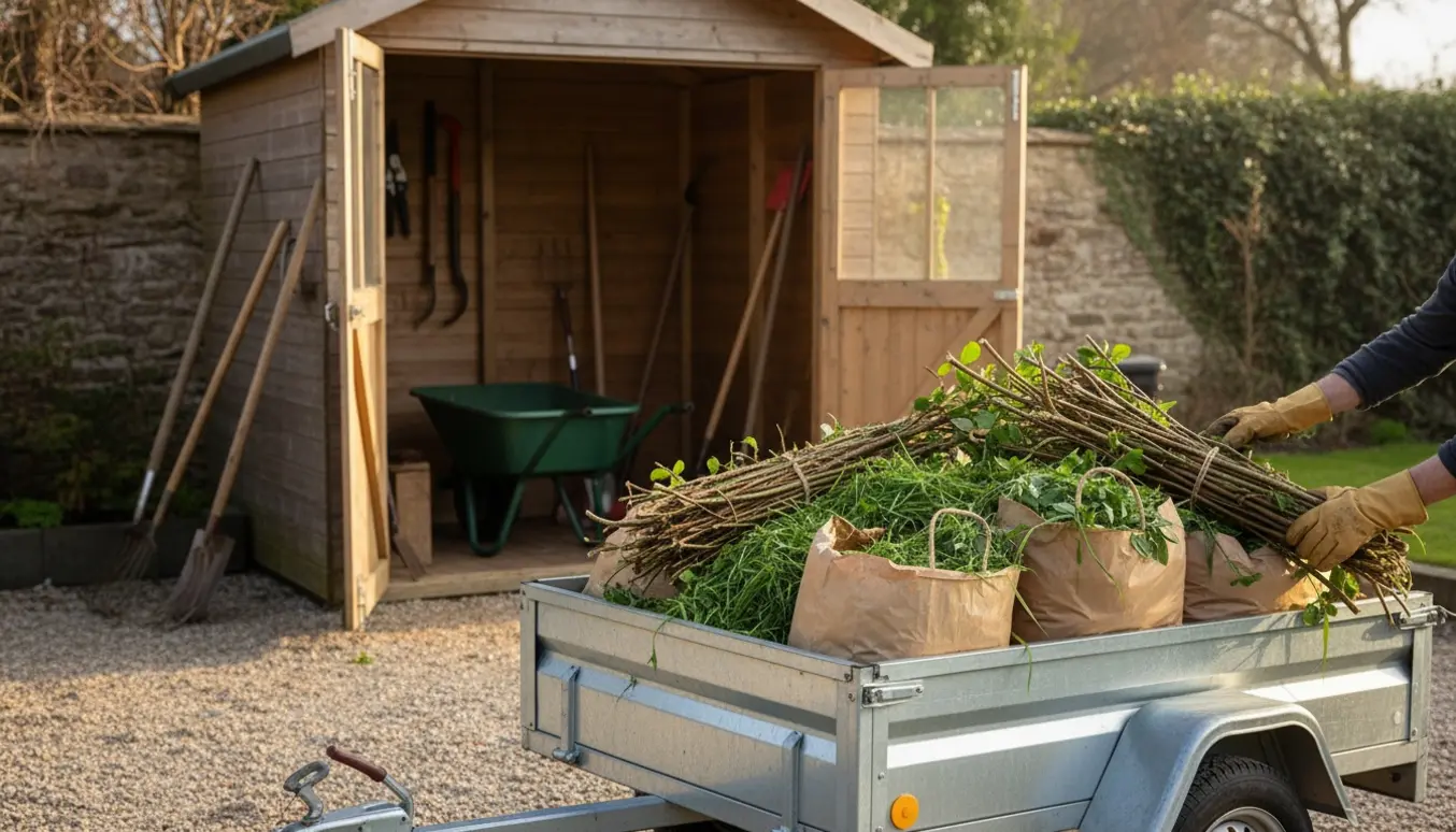 Trailer fyldt med haveaffald foran et skur, mens en person i handsker lægger grene i trailer.