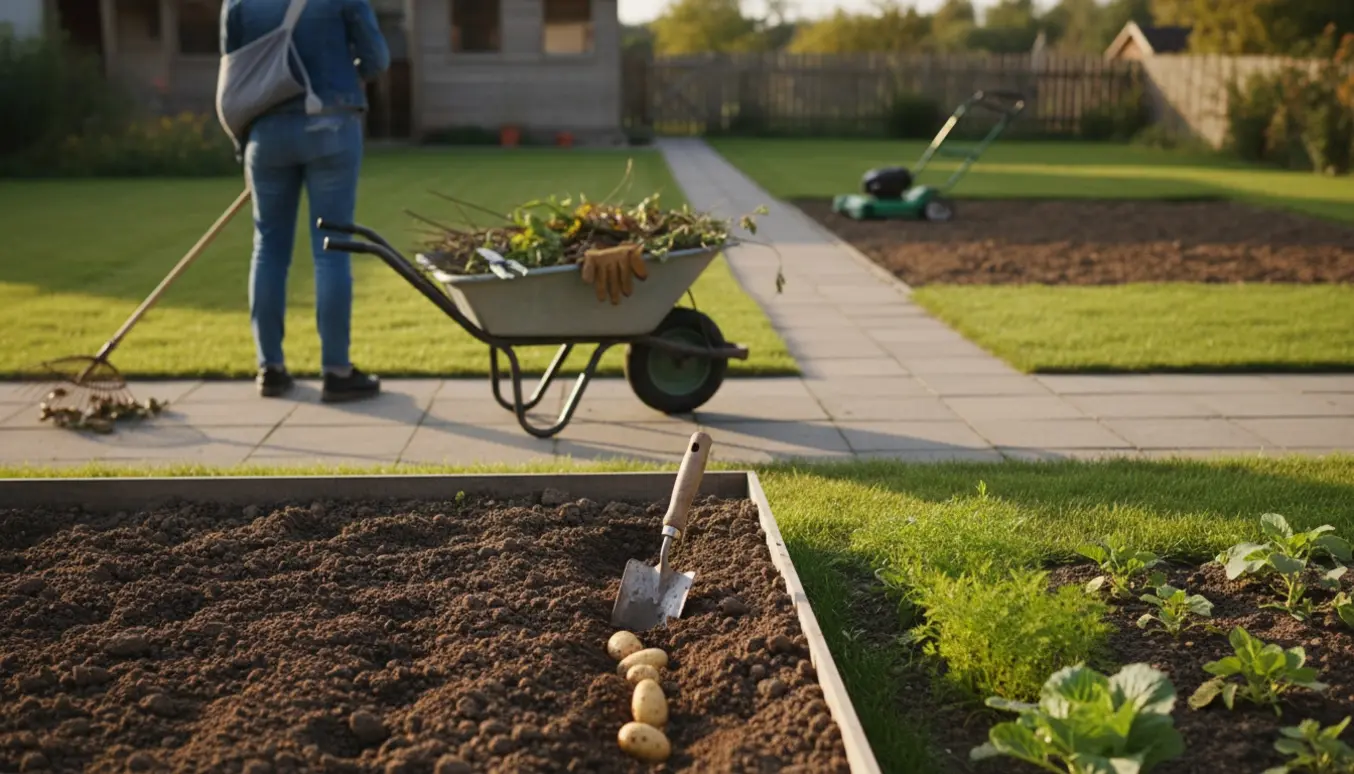 Nærbillede af en nyslået græsplæne og en nypløjet køkkenhave med personer uden synlige ansigter, der rydder gangarealer og planter kartofler.