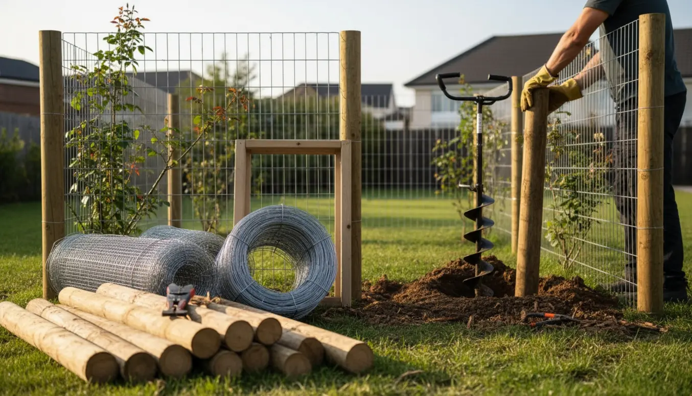 Motoriseret pælebor og stolper klar til opsætning af trådhegn langs en havegrund.