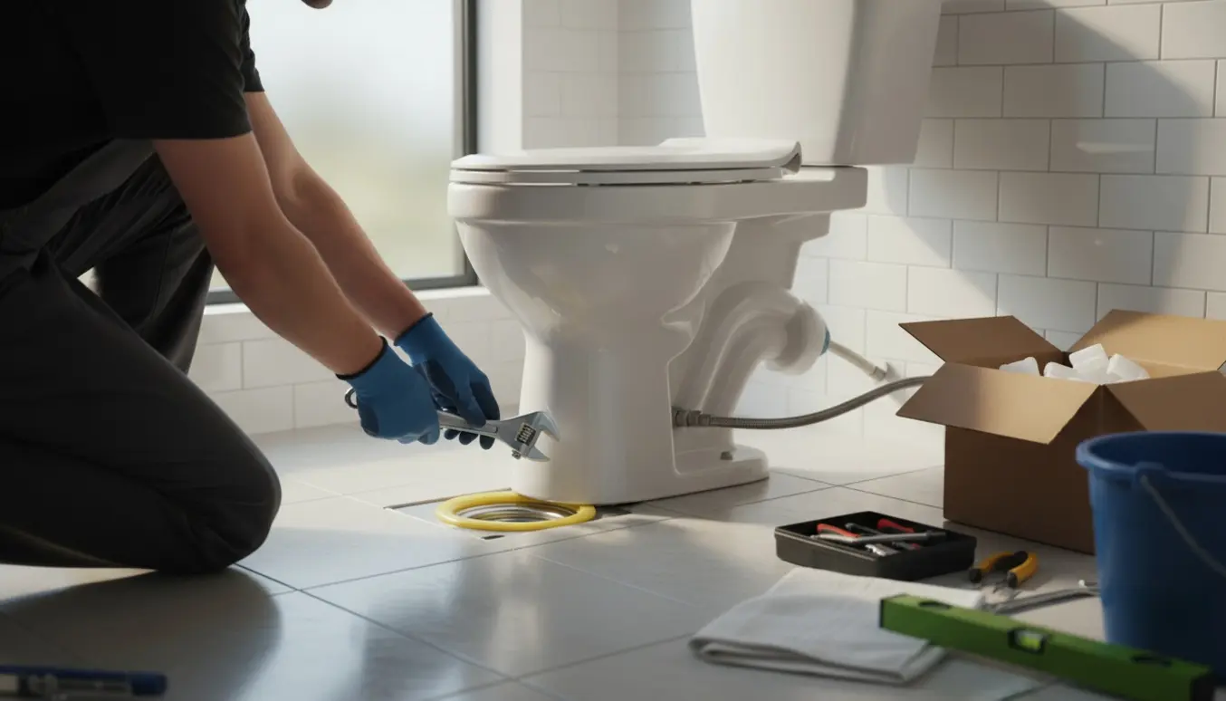 Hænder med skruenøgle monterer et nyt toilet i et lyst badeværelse.