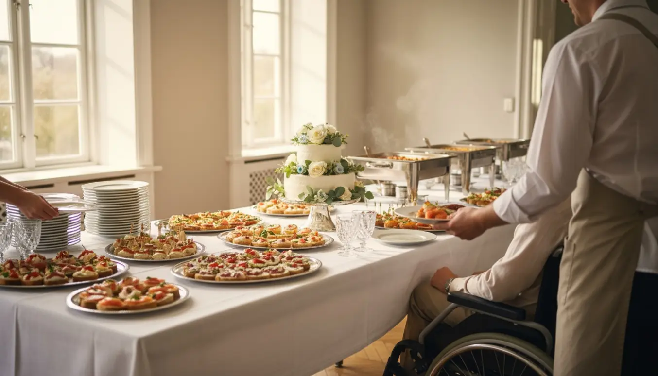 Buffetbord til konfirmation med serveringsfolk, kager og kørestolsvenlig opstilling.