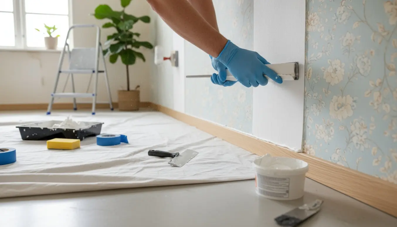 Hænder reparerer tapet med filt, spartler en væg og fuge lister i et lyst nordisk rum.