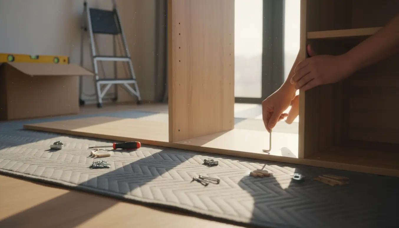 Hænder samler en fladpakket garderobe i et lyst soveværelse.