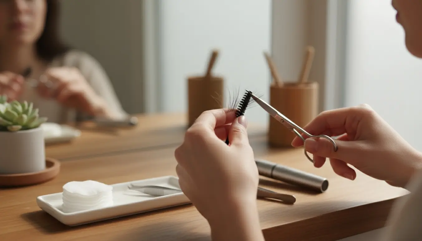 Nærbillede af hænder, der klipper og børster vilde øjenbryn ved et ryddeligt badeværelsesbord.
