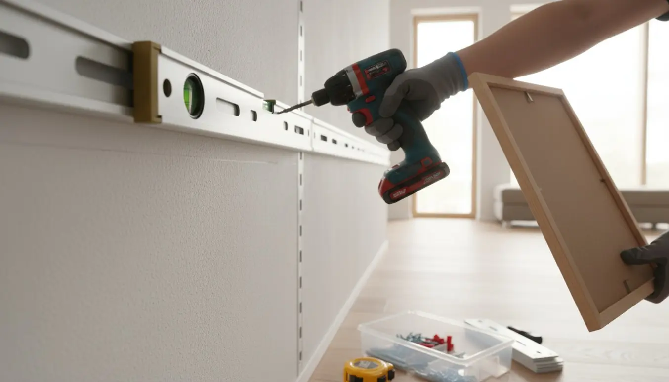 Nærbillede af montering af Boaxel-skinner på en væg med boremaskine, skruer, rawlugs og billedramme klar til ophæng.