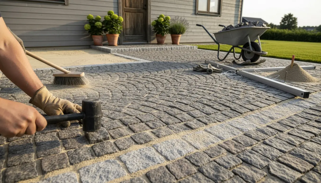 Nærbillede af lægning af pigsten på terrasse og sti rundt om huset med værktøj og hænder i arbejde.