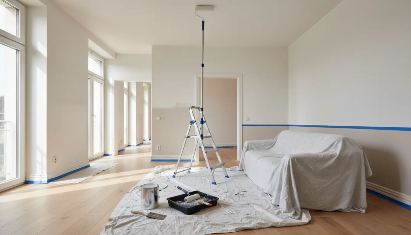 Malearbejde i en 70 m² lejlighed med rulle, malerbøtte og afdækkede møbler.