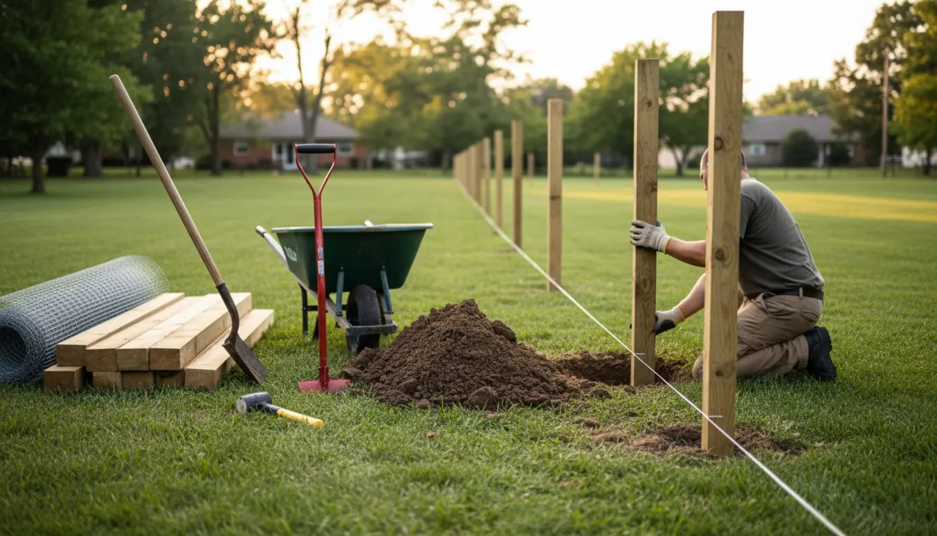 Nogen sætter en stolpe i et nyligt gravet hul til opsætning af hundehegn i en lang have.