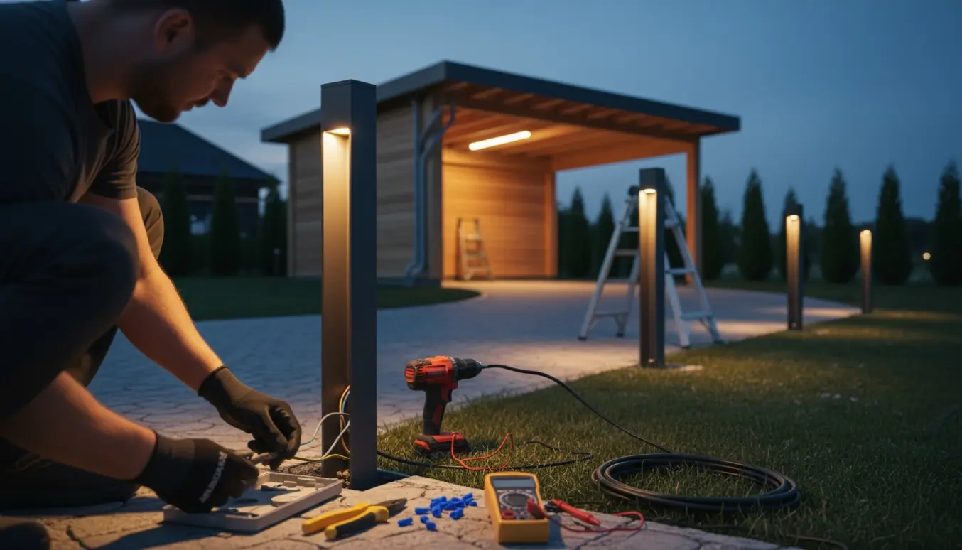 Elektriker forbinder tre indkørselspæle, så de arbejder sammen med carportens lys ved indkørslen.