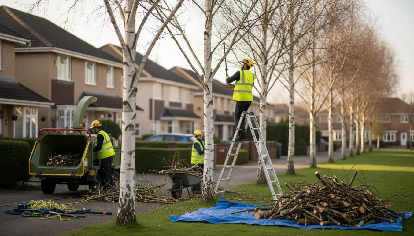 Let kronbeskæring af birketræer foran huse med arbejdere, afklippede grene og oprydning til bortkørsel.