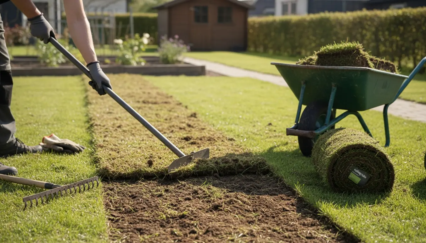 Nærbillede af hænder, der fjerner gammel græs med spade, med rullegræs og trillebør i baggrunden.