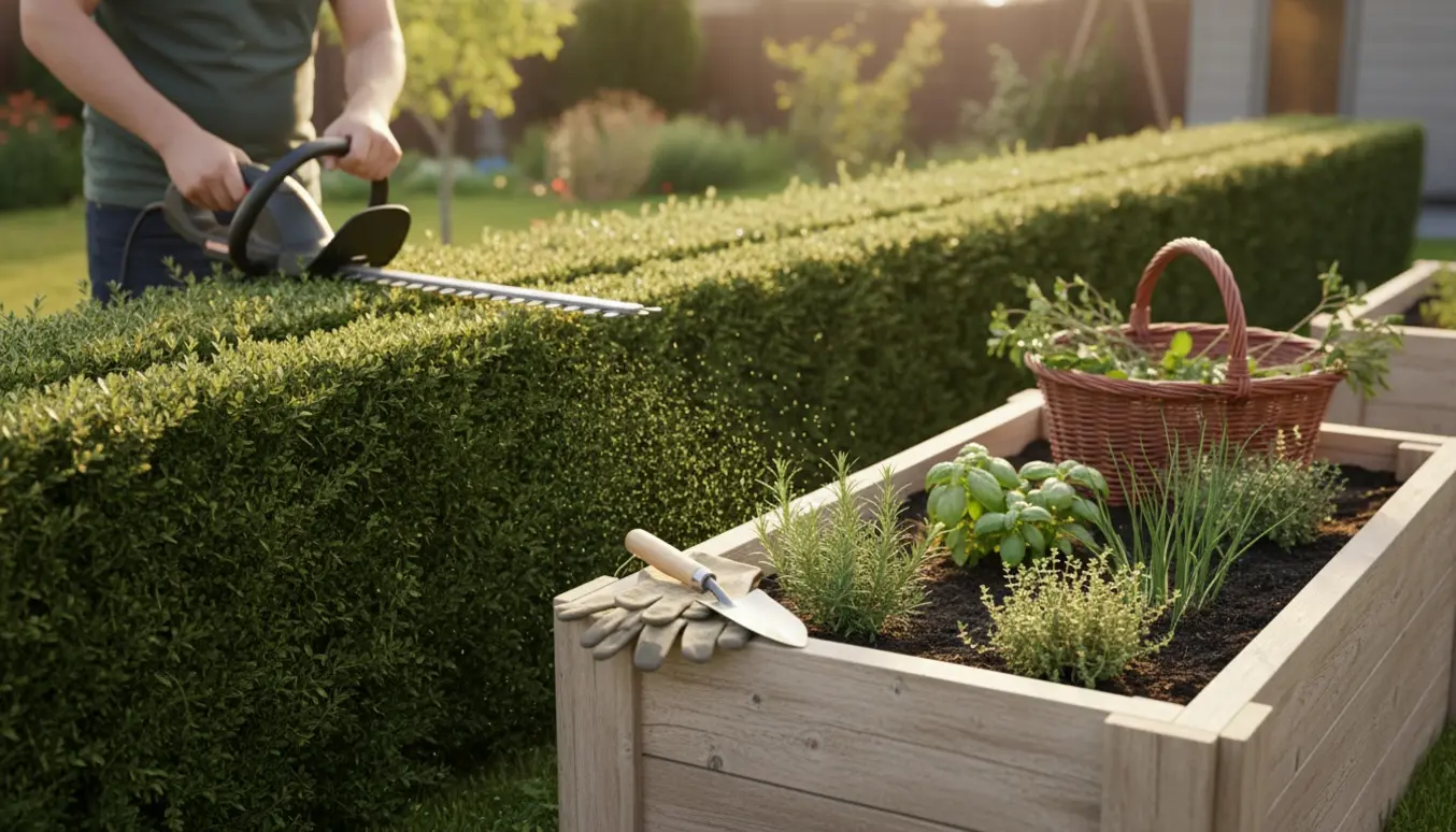 Person klipper en hæk med en elektrisk hækkeklipper ved siden af et nyanlagt krydderurtebed.