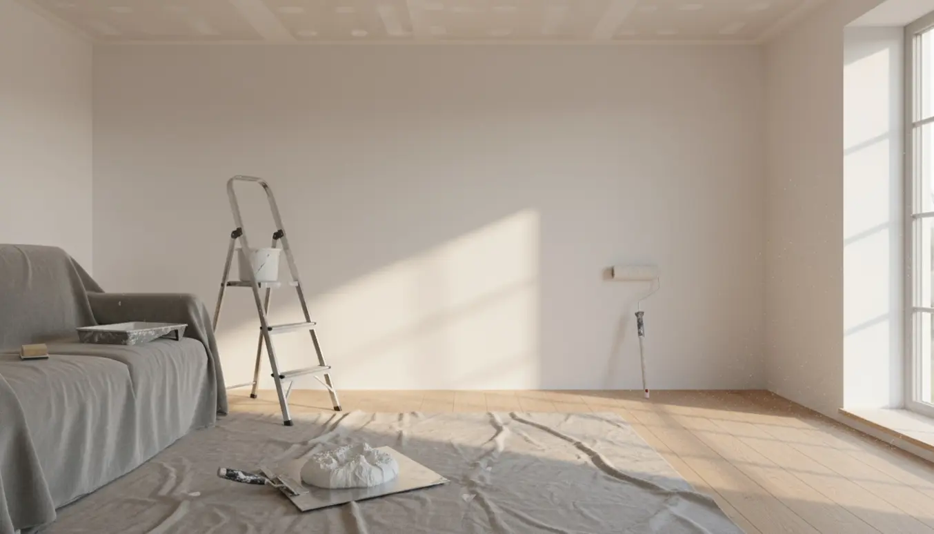Stue under renovering med værktøj, nyspartlede vægge og en malerrulle klar til at male hvidt.