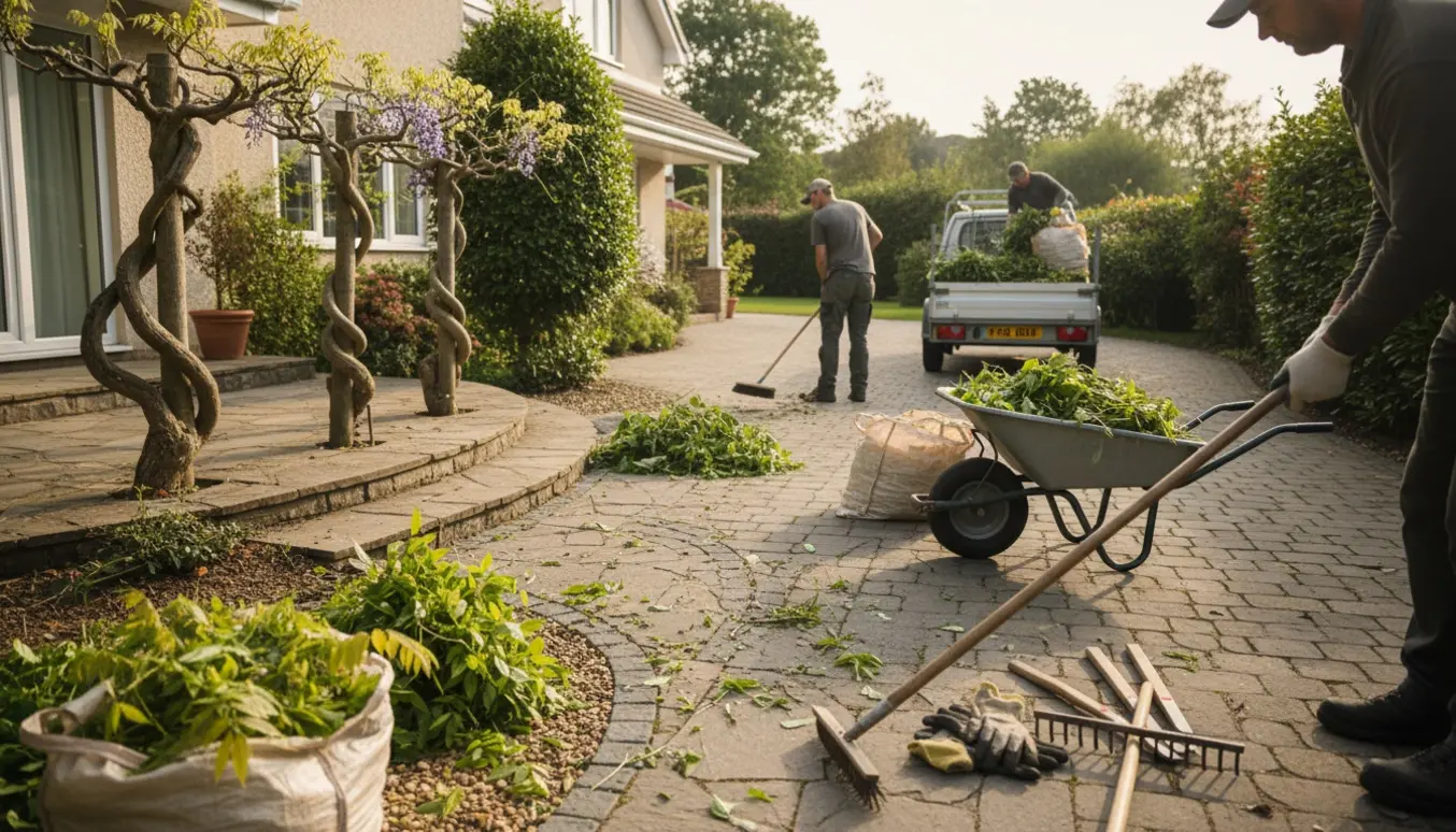 Fejning, riven af småsten og beskæring ved indkørsel mens haveaffald læsses i en lille trailer.