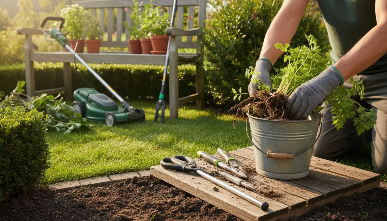 Hænder trækker skvalderkål op i en solbeskinnet prydhave med beskæringsværktøj og en nyslået lille græsplæne.