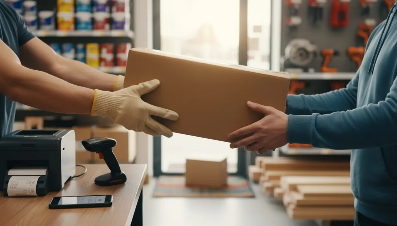 Mellemstor pakke udleveres over en afhentningsdisk i et byggemarked, med en smartphone på disken og en pakke ved en hoveddør i baggrunden.