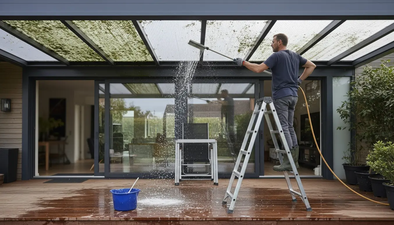 Person renser taget på en overdækket terrasse for alger med kost og vandslange.