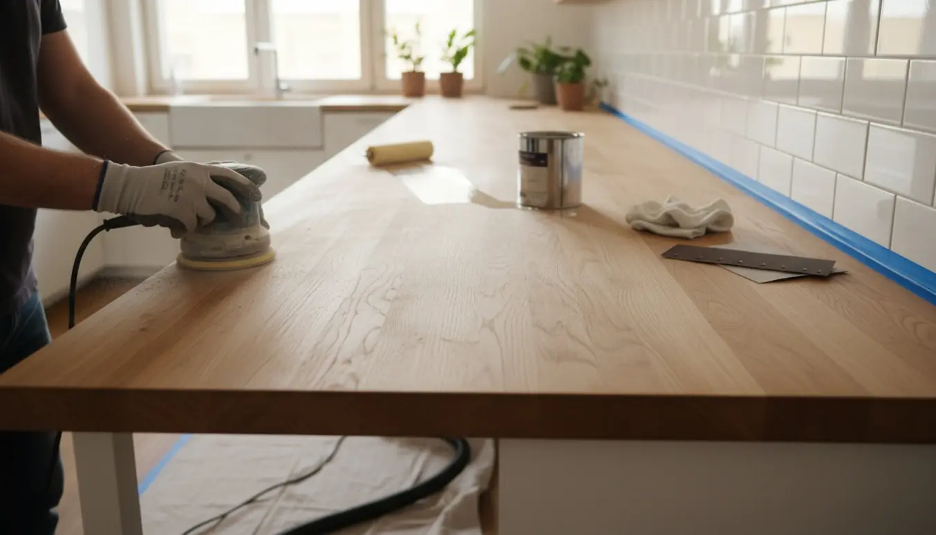 En 3 meter træbordplade i et lyst køkken bliver slebet og lakeret med håndsliber og rulle, vist tæt på uden tydelige ansigter.