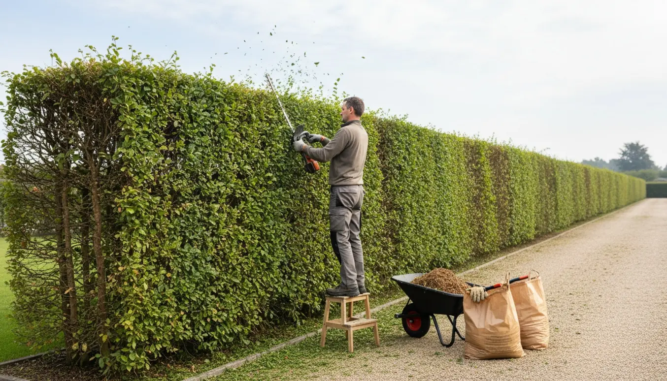 Topklipning af en 150 cm høj hæk med en hækkeklipper og opsamlet grønt affald i en skottkærre.