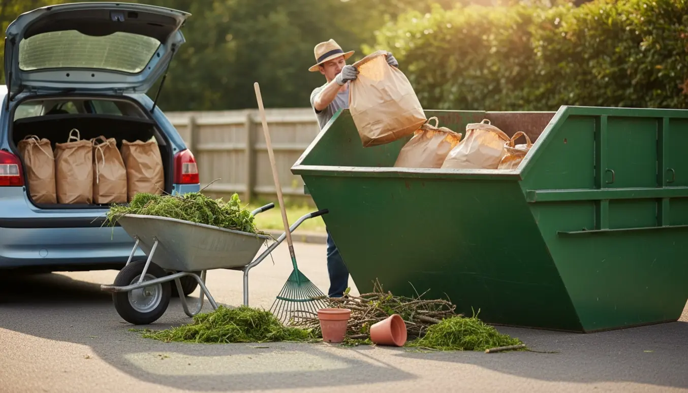 Åben biltrunk, trillebør og poser med haveaffald ved en genbrugsstation på en solrig sommerdag.