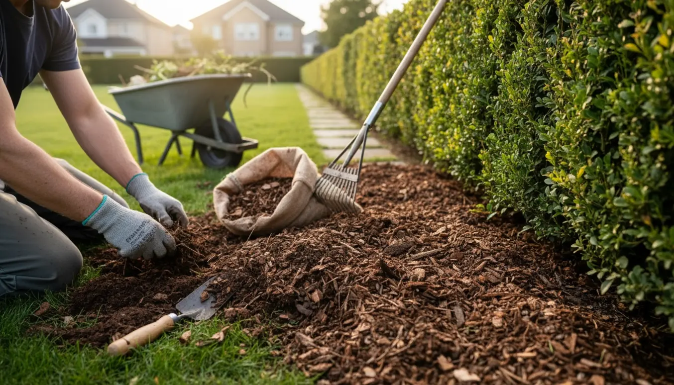 En havearbejder trækker ukrudt ved bunden af en lang hæk og fylder med ukrudtshæmmende flis.