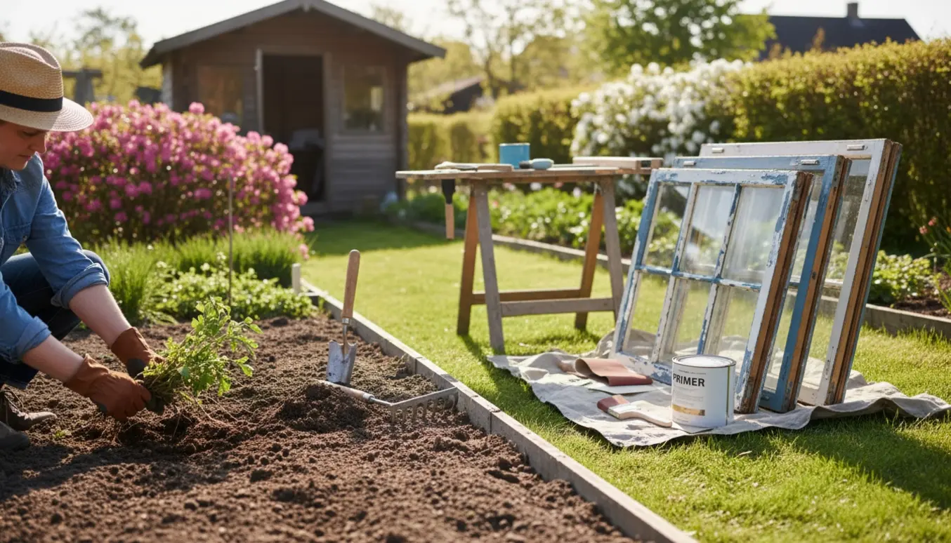 Højtopløst foto af en kolonihave med ukrudt i et bed og fem vinduesrammer klargjort til slibning og maling.