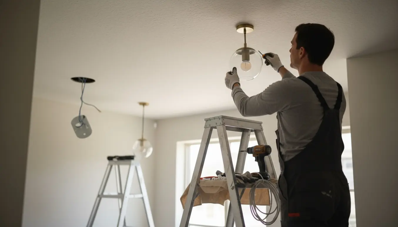 En stige og værktøj viser ophængning af en lampe i en høj trappeopgang, mens en anden lampe er taget ned foran.