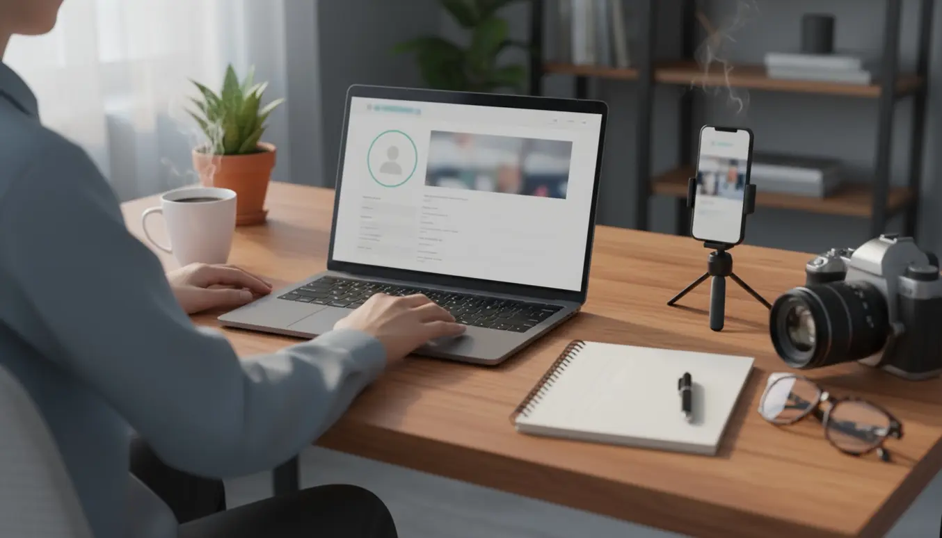 Laptop og hænder ved et lyst skrivebord, hvor en professionel profil redigeres med profilbillede og sektioner.