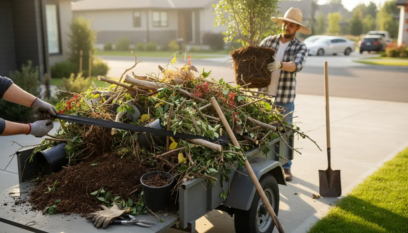 En åben trailer fyldt med haveaffald – grene, jord og planter – klar til afhentning på en indkørsel.