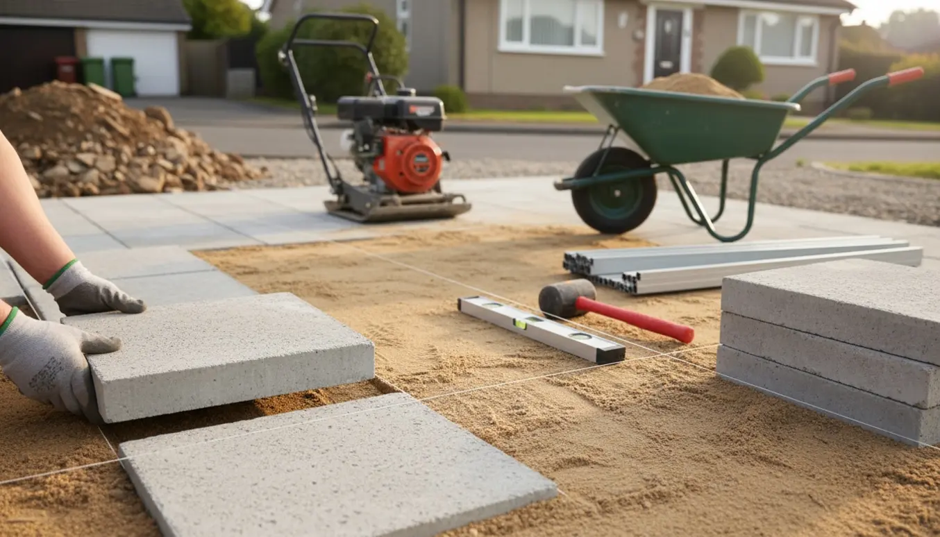 Renovering af indkørsel med store kvadratiske betonfliser og værktøj i dagslys.