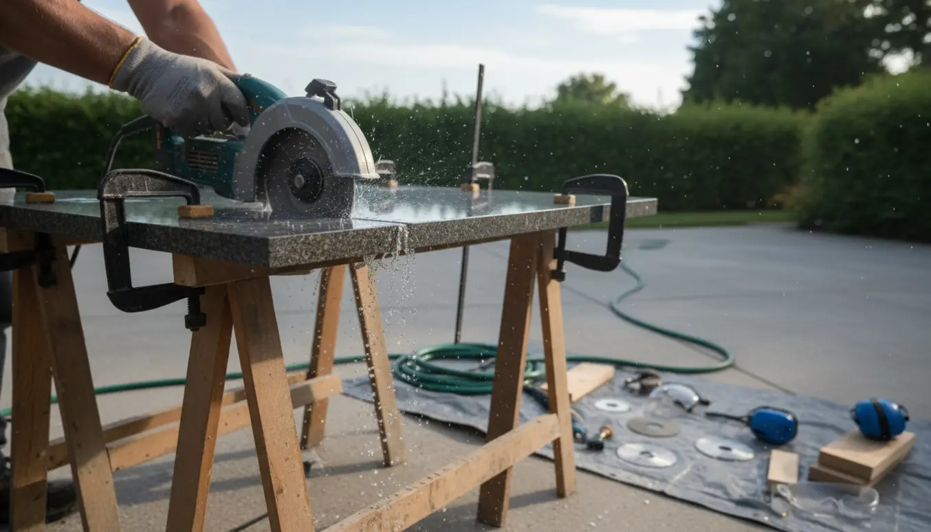 En granitbordplade afkortes udendørs på savbukse med diamantklinge, og den frisk skårne kant er tydeligt synlig.