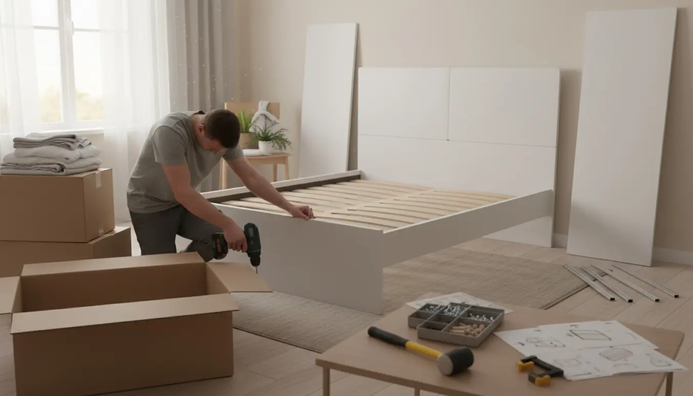 Delvist samlet hvid seng og skab i et lyst soveværelse med værktøj og møbeldele klar til montering.