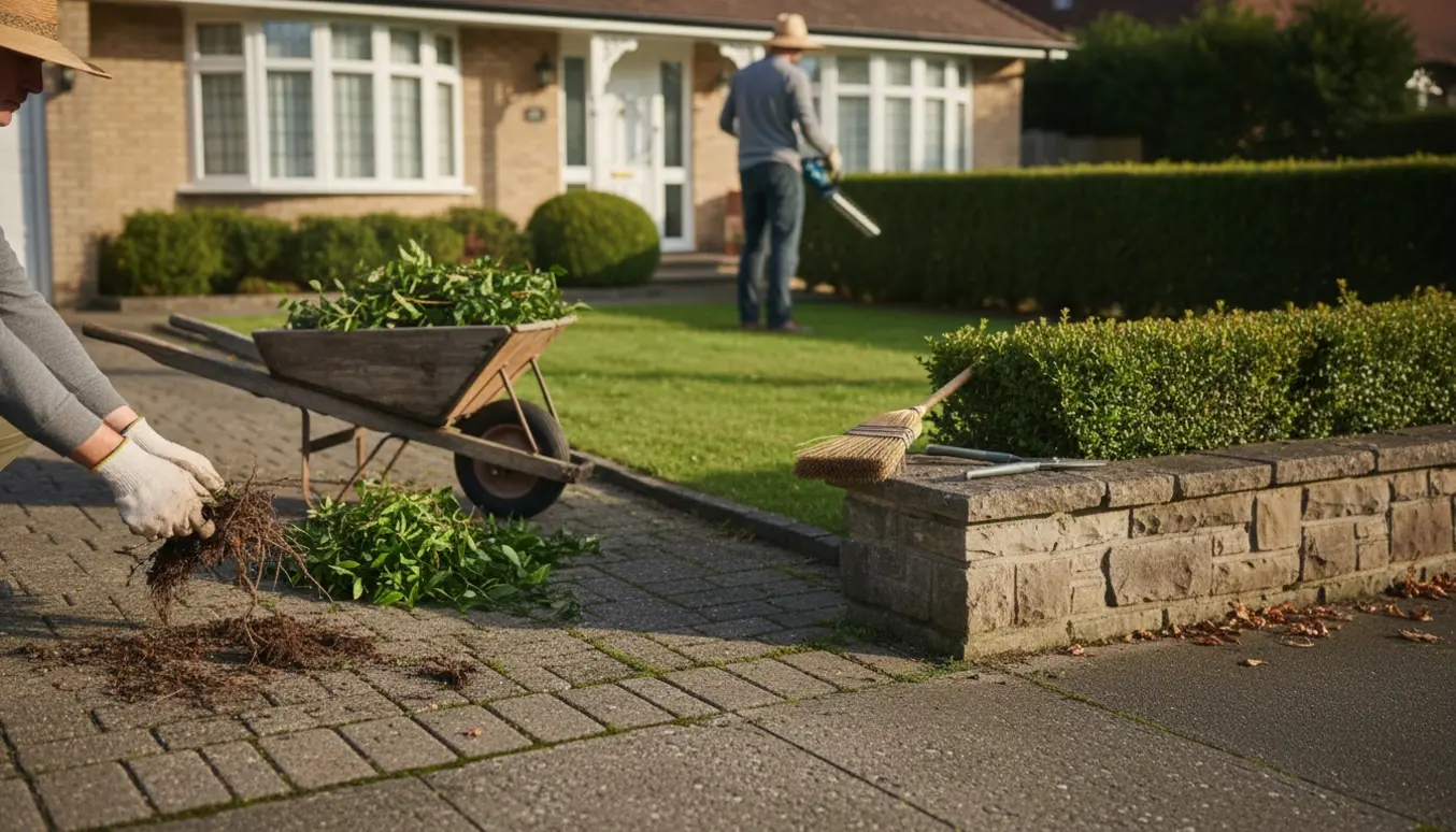 Forhave og indkørsel under vedligeholdelse med hækklipning og lugning af fortov.