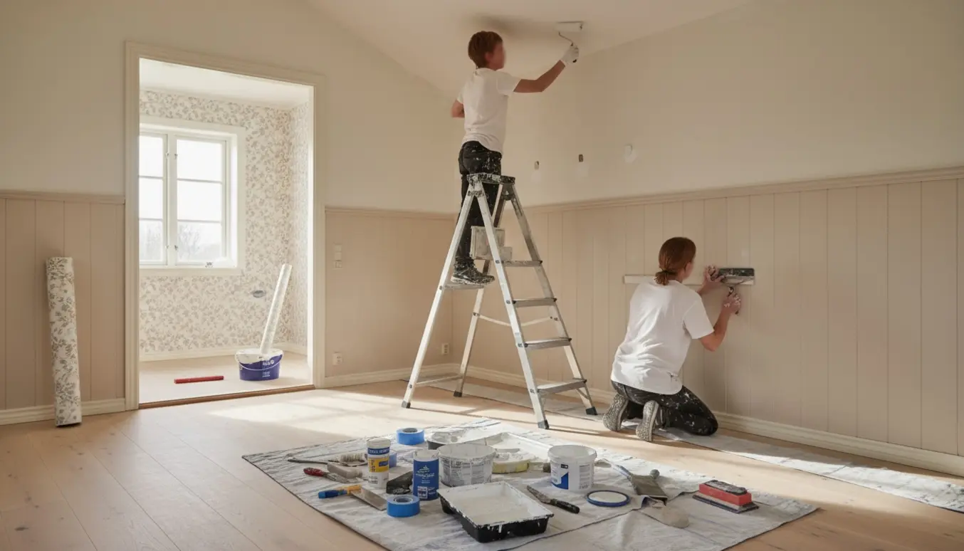 Lyst hjem under renovering med filtopsætning, loftmaling og tapetopsætning i soveværelset.