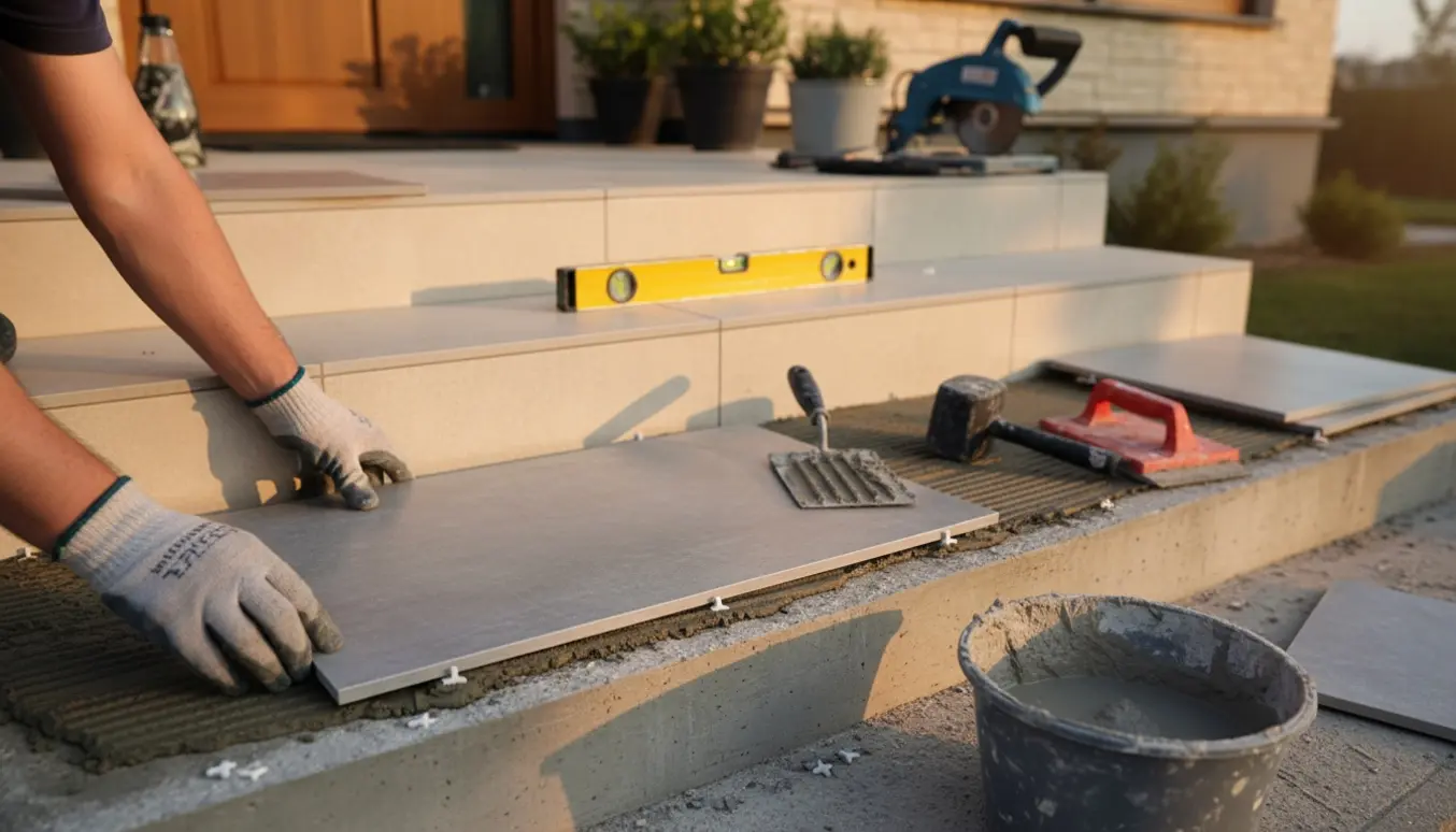 Nærbillede af en udendørs trappe under anlæg med hænder, fliser, mørtel og værktøj klar.