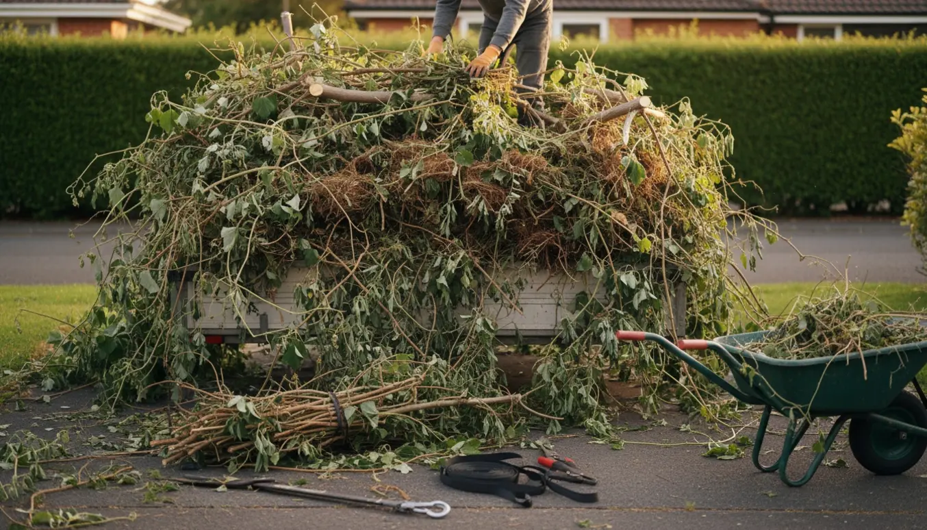 Stor trailer læsset med afklippede lianer og haveaffald klar til afhentning på en indkørsel.