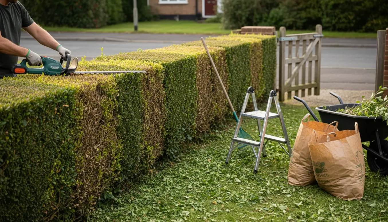 Nysnoet 17 meter hæk med hækketrimmer, værktøj og opsamlet haveaffald ved en åben havelåge.